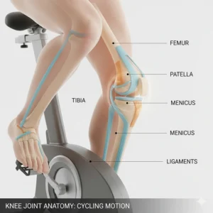 Detailed anatomical illustration of the human knee joint showing the patella, femur, and ligaments during a low-impact cycling motion.