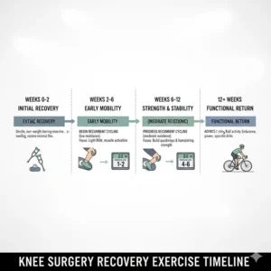 A visual recovery timeline illustrating the stages of exercise after knee surgery, from initial mobility to a full functional return.