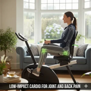 Illustration of a person pedalling a recumbent bike, showing the reduced strain on the joints and lower back.