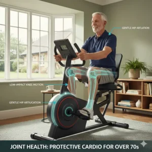 Diagram highlighting the low-impact movement of a recumbent bike on knees and hips for those over 70.