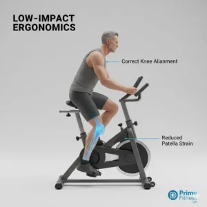 Illustration of a cyclist on a magnetic exercise bike showing the correct leg extension to reduce strain on the patella.