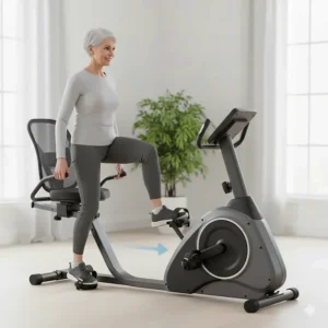 Illustration showing the low step-through frame of a recumbent bike for easy access for elderly users.