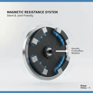 Diagram showing the internal magnetic resistance system of an exercise bike providing smooth, frictionless movement for knee rehabilitation.