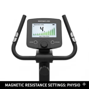 Close-up of a digital bike console showing low-level magnetic resistance settings suitable for early-stage rehabilitation and physio.