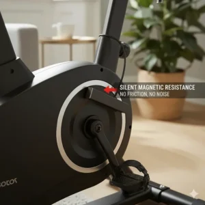 Close-up of a magnetic resistance system on an exercise bike ensuring silent operation for flat dwellers.