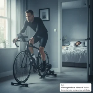 A cyclist training at 6am in a quiet apartment while a partner sleeps undisturbed in the next room.