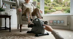 A motorised pedal exerciser with a glowing digital interface being operated by a senior, featuring icons for speed, time, and direction.