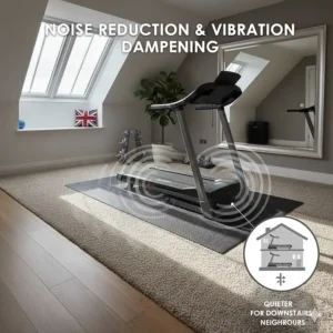 A technical diagram showing a treadmill mat dampening vibrations and reducing noise, making it quieter for downstairs neighbours in UK flats.