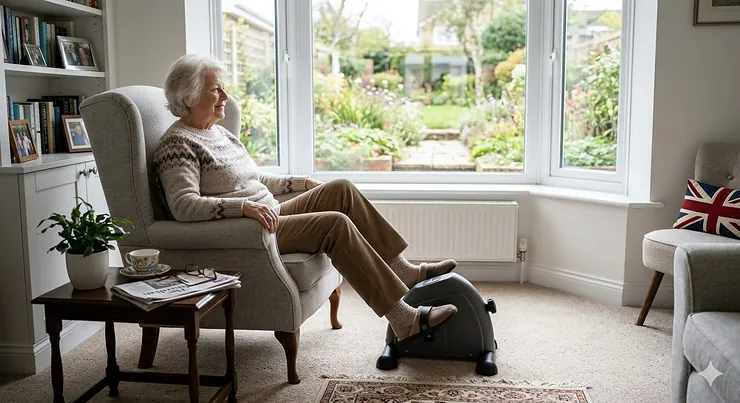 A smiling elderly British woman in a knitted jumper using a pedal exerciser for circulation in a bright living room with a bay window and garden view. pedal exerciser for circulation elderly