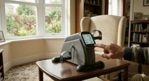 A detailed close-up of a senior's hand interacting with the LCD screen of a pedal exerciser showing mobility scores and distance travelled.