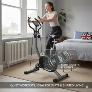 Close-up of integrated transport wheels showing the easy manoeuvrability of a portable bike on a bedroom carpet.