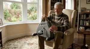 An elderly man in a striped jumper easily lifting a portable pedal exerciser by its carry straps to demonstrate its lightweight design for home use.