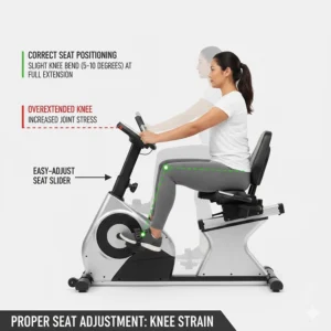 A guide showing correct seat positioning on a recumbent bike to ensure a slight knee bend and avoid joint strain during physio.