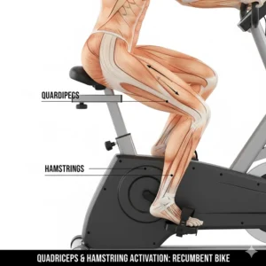 Anatomical diagram showing the activation of quadriceps and hamstring muscles during a recumbent bike exercise programme.
