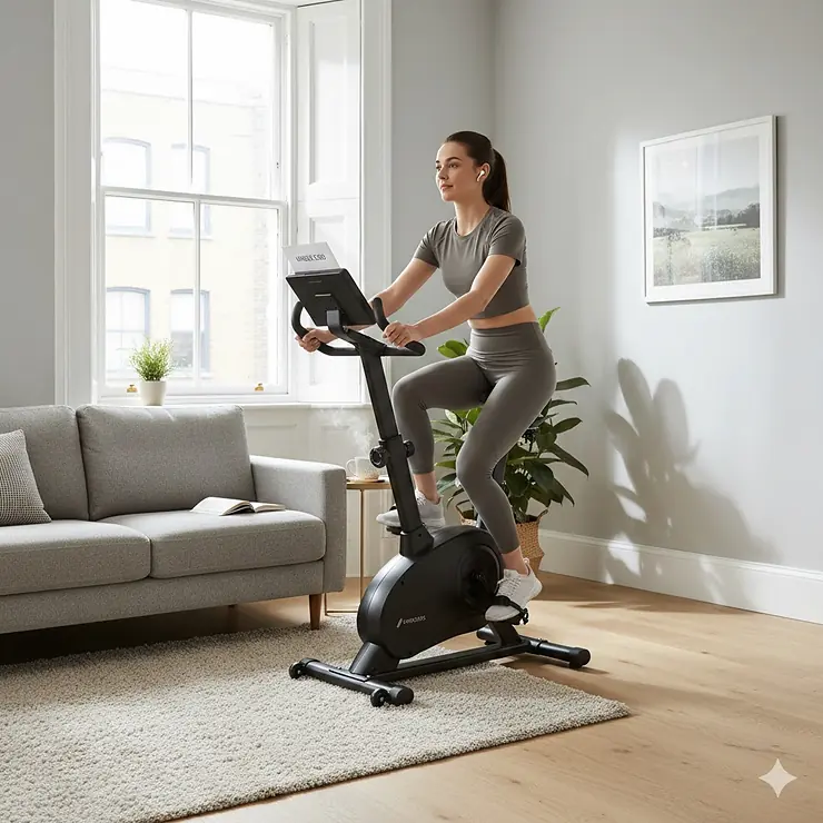 A compact, silent magnetic exercise bike positioned in a modern UK flat living room, highlighting its space-saving design for small homes. quiet exercise bike for flat living under £300
