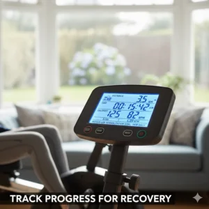 Close-up of a bike console tracking distance and heart rate, used for following a physio-led recovery plan.