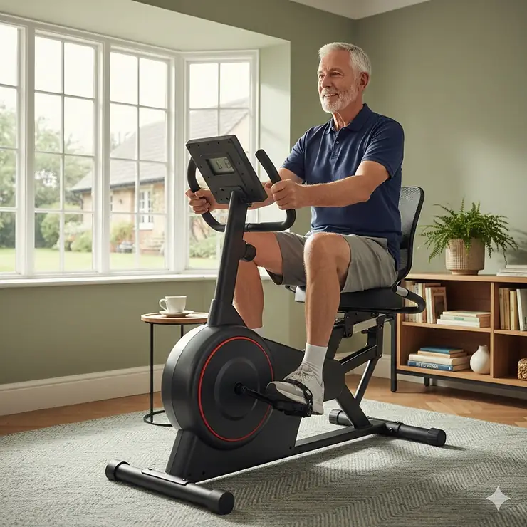 An active older man using a recumbent bike for seniors over 70 in a bright UK home living room. recumbent bike for seniors over 70