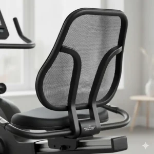 Close-up illustration of an adjustable mesh backrest on a recumbent bike designed to support the lower spine.