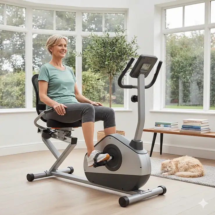 A person using a recumbent exercise bike for knee rehabilitation in a bright British home setting, focusing on low-impact joint recovery. recumbent exercise bike for knee rehabilitation