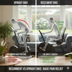 Simple infographic showing why a recumbent bike is better for back pain relief than a standard upright exercise bike.
