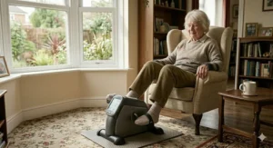 An elderly woman exercising her legs while seated, with the pedal exerciser placed on a non-slip rubber mat to ensure safety on a patterned carpet.