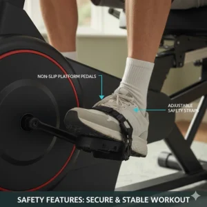 Close-up of non-slip pedals and adjustable safety straps on a recumbent bike designed for seniors.
