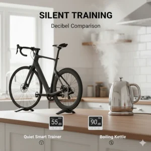 A comparison chart showing the low decibel levels of a quiet smart trainer compared to a boiling kettle.