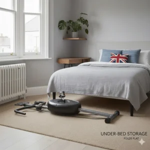 A compact exercise bike folded flat and tucked neatly under a standard UK double bed frame to maximise floor space.