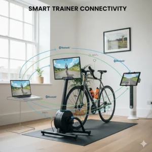 Diagram showing how a smart turbo trainer connects via Bluetooth and ANT+ to Zwift on a laptop.