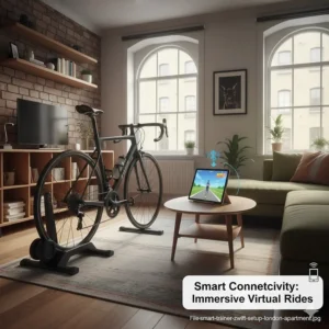 A tablet showing a virtual cycling app connected to a quiet direct drive trainer in a compact London living room.