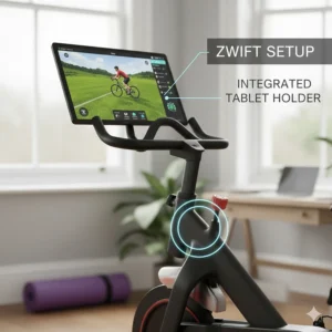 An integrated tablet holder on a spin bike handlebars displaying a virtual Zwift racing route.