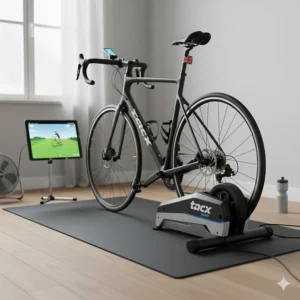 A Tacx Flow Smart wheel-on trainer set up with a road bike, illustrating a sub-£300 Zwift setup.