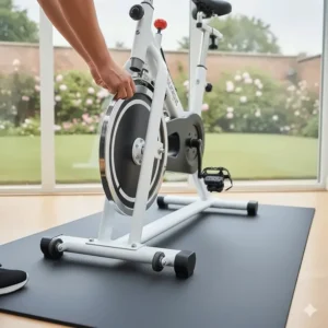 Close-up of built-in transport wheels on the front stabiliser bar, allowing the bike to be easily moved and stored in a British home.