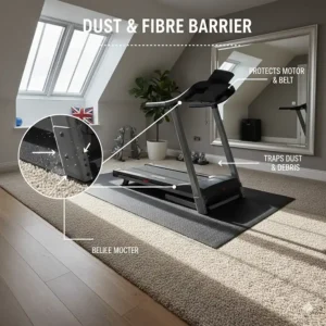 An illustration of a protective mat acting as a dust and fibre barrier to prevent carpet debris from entering the treadmill motor and belt.