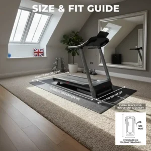 A size and fit guide showing the dimensions of a protective mat relative to a standard UK folding treadmill for home use.