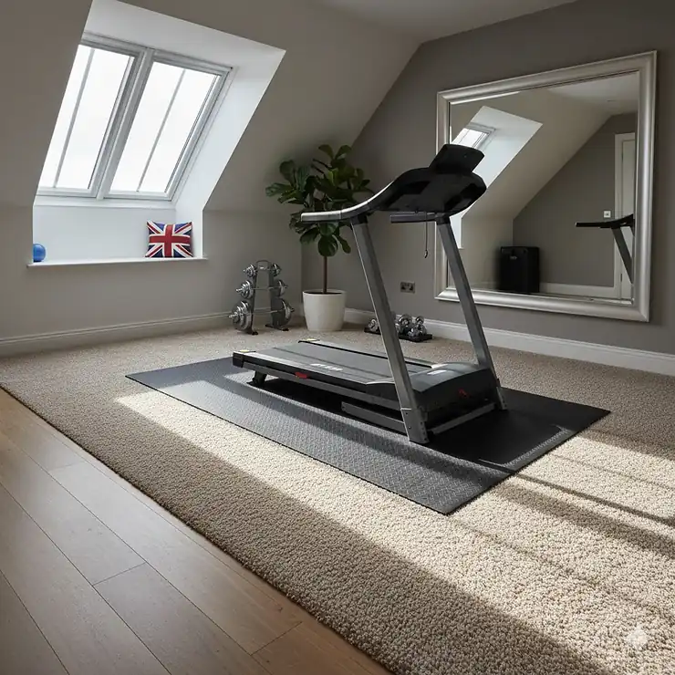 A high-quality heavy-duty treadmill mat for carpet protection placed under a running machine in a modern UK home gym with natural light. treadmill mat for carpet protection