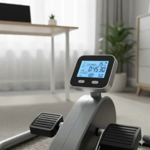 The LCD monitor of a pedal exerciser showing distance in kilometres and time spent active during a work session.