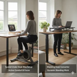 A side-by-side comparison of a seated under-desk bike setup versus a standing desk arrangement for a home study.