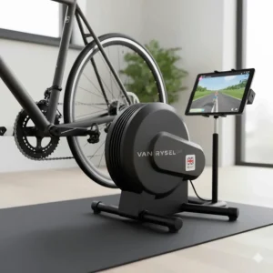 Close-up of the Van Rysel D100 direct-drive trainer, a top budget choice for Zwift users in the UK.