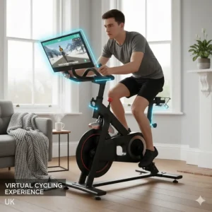 A cyclist using a budget-friendly smart trainer to follow a Zwift training programme during the UK winter.