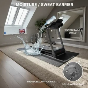 A moisture and sweat barrier illustration showing a waterproof mat protecting a bedroom carpet from liquid spills and perspiration.