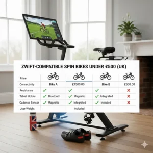 A comparison table of the top three spin bikes compatible with Zwift UK priced under £500.