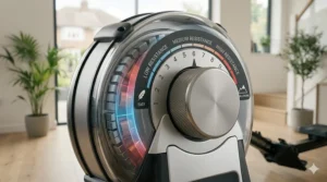 Close-up of the adjustable magnetic resistance dial on a rower, suitable for varying senior fitness levels.