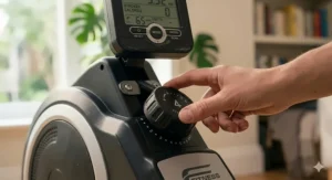 A close-up of a hand adjusting the magnetic resistance tension dial on an affordable home rowing machine.