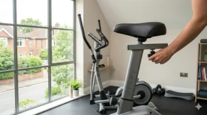 Close-up of an adjustable, padded bike seat on a cross trainer designed to reduce pressure on bad knees during exercise.
