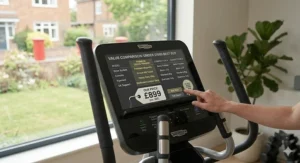 A side-by-side comparison on a touch screen highlighting premium features available on this cross trainer for under £1000.