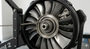 A highly detailed close-up of an air resistance flywheel mechanism, explaining how fan blades generate rowing resistance for home gym users.