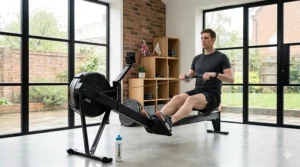 A tall rower achieving full leg extension on an indoor rowing machine without hitting the seat stoppers.