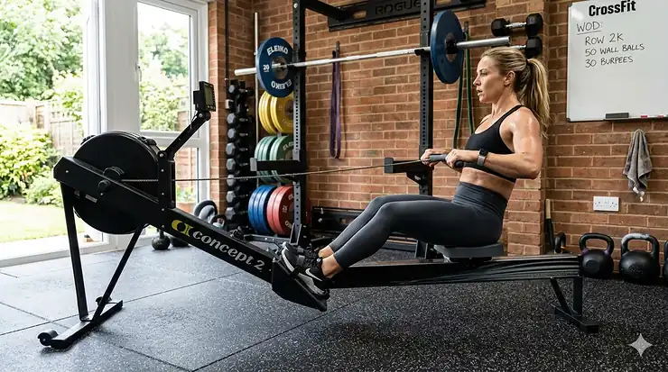 A woman performing a high-intensity workout on an air rowing machine in a modern UK home gym with natural light and CrossFit equipment. air rowing machine for CrossFit training home
