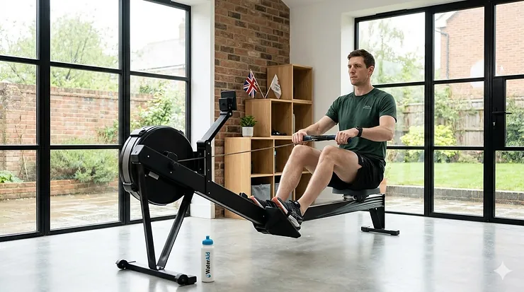 A tall man over 6ft 5 inches using an air rowing machine with an extended seat rail, suitable for home gyms in the UK. air rower for tall person over 6ft 5